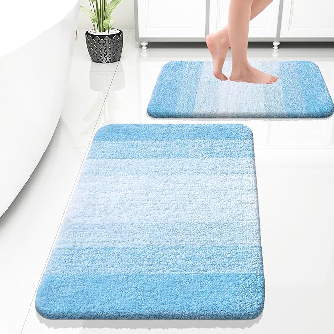 OLANLY Micorfiber Bathroom Rug Set 2 Piece, 30"x20"+24"x16" | Sky Blue, Soft Absorbent Bath Rug Set, Non-Slip, Machine Wash Dry, Plush Shaggy Bath Mats for Bathroom