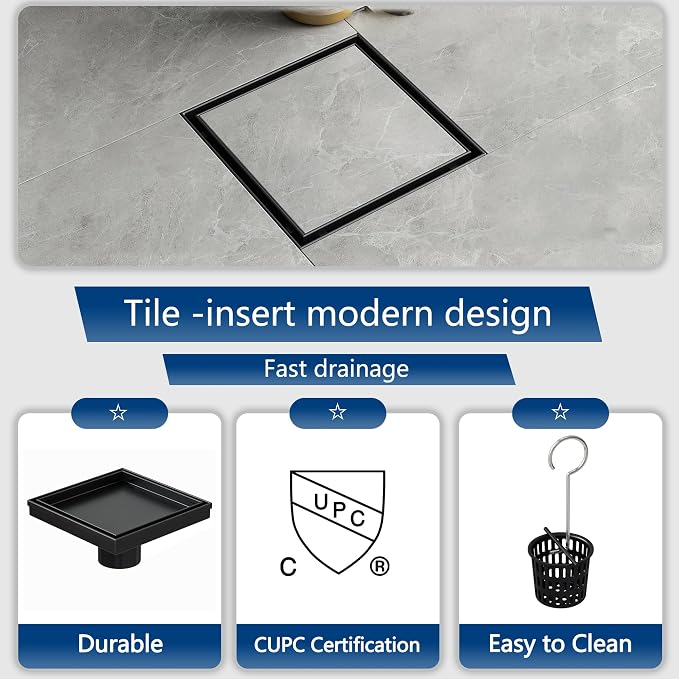 Neodrain Square Shower Drain with Removable Tile Insert Grate,304 Stainless Steel, CUPC Certified, Includes Hair Strainer (Matte Black, 6 in)
