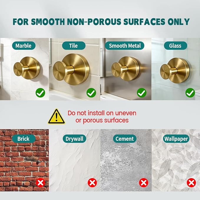 2026 Upgraded No Drill Gold Suction Cup Hooks for Shower, Heavy Duty Suction Hooks, Gold Bathroom Towel Hooks for Windows, Glass Door & Tile, 6 Pack