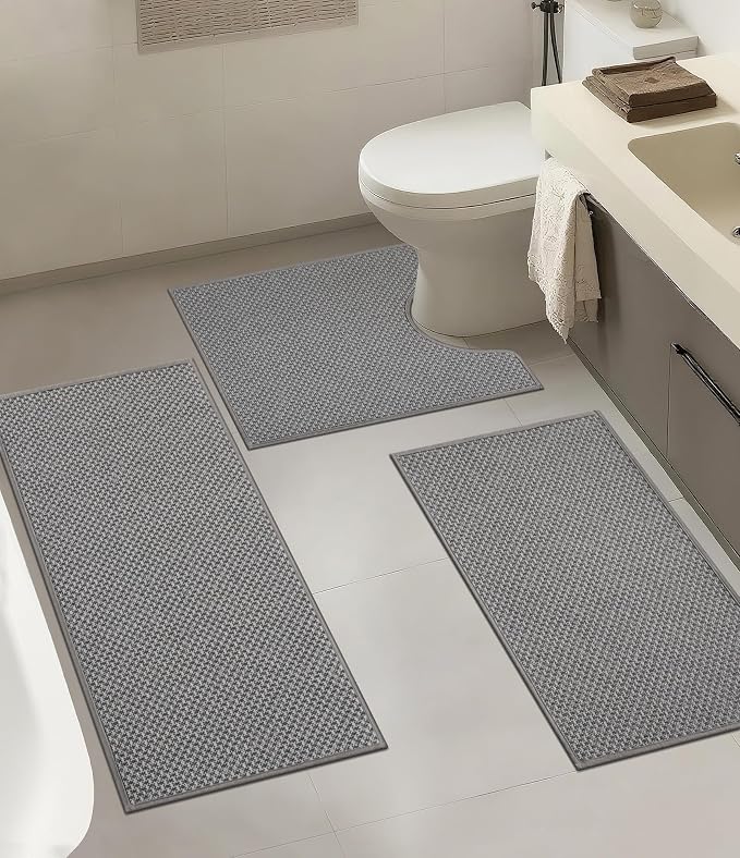 YIHOUSE Thin Bath Mat Grey Bathroom Rugs Sets 3 Pieces, Non Slip Absorbent Bath Mats Quick Dry, Woven Braided Rugs Washable, Rubber Tapetes para Baño for Bathroom Toliet,Bathtub