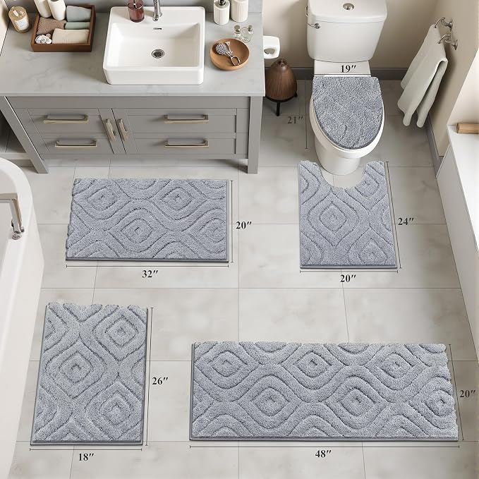 Ileading Bathroom Rugs Sets 5 Piece, Non Slip Washable Bath Mat Set | Absorbent Plush Microfiber Bathroom Mat Set with Toilet Cover, Bath Runner and U-Shaped Contour Rug for Tub, Shower, Grey