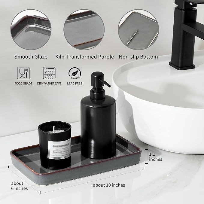 10"×6"×1" Bathroom Vanity Tray for Countertop- Ceramic Decorative Organizer Tray for Dresser Tops, Toilet, Perfume, Sponge Holder Soap Dish Dispenser for Kitchen Counter- Kiln-Transformed Purple