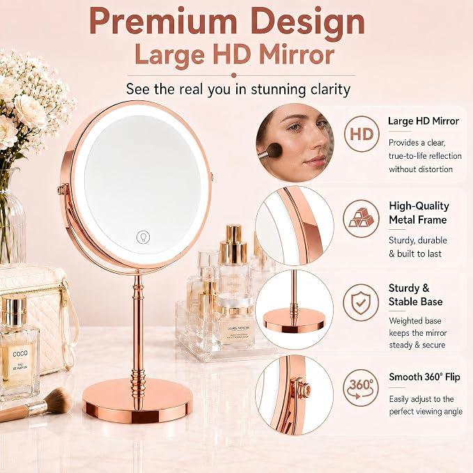 DEIOVWXS Makeup Mirror, Rechargeable Vanity Mirror with 3 Lights, 1X/10X | Adjustable Brightness, 3000mAh, Double-Sided, Gift for Mom, Women, Wife, Girls, Dorm Room Essential