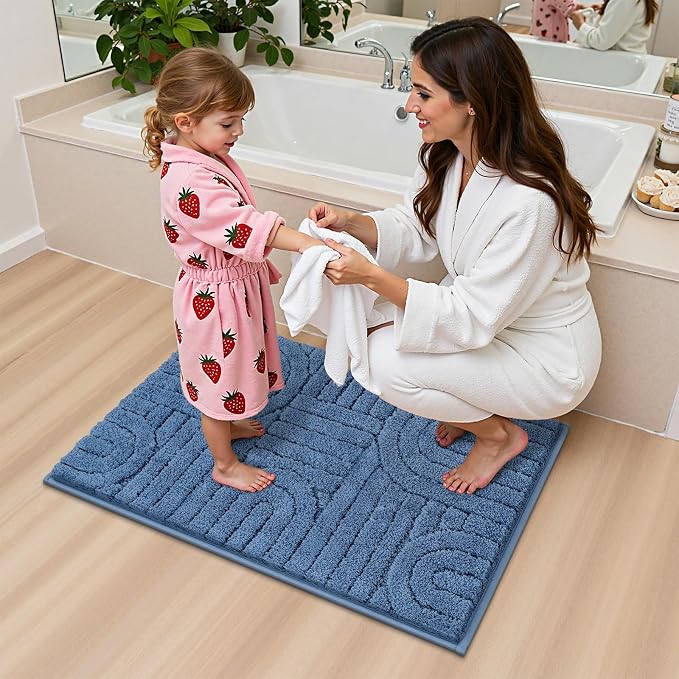 Vaukki Blue Bathroom Rugs Sets 3 Piece, 32x20+26x18+24x20 Inch | Washable Non Slip Soft Bath Mats for Shower and Tub, Plush Absorbent Microfiber Toilet Rug U Shaped