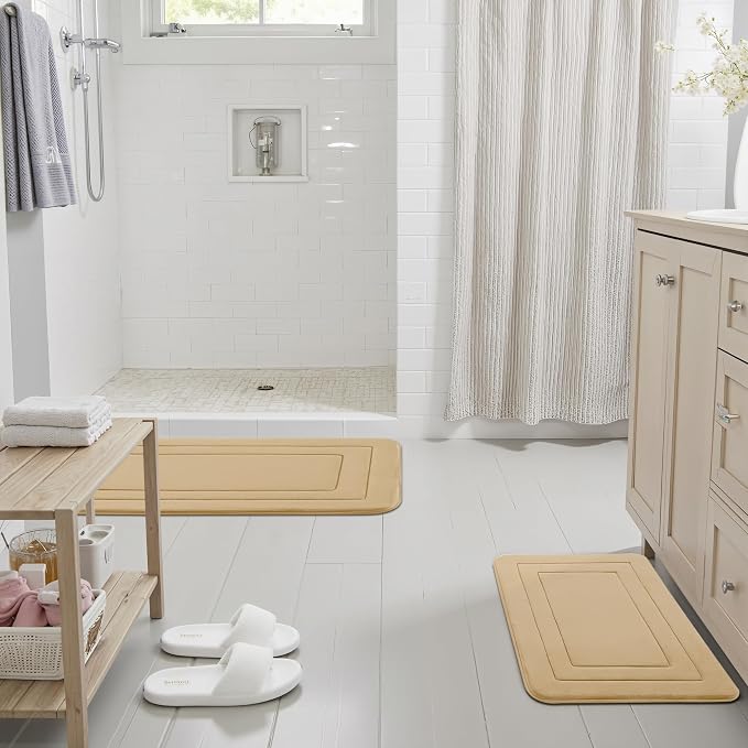 Cupic Cupid Super Soft Memory Foam Bath Mats for Bathroom Floor Shower & Tub, Beige Bathroom Rugs Non Slip Washable, Water Absorbent Bath Rugs, Quick Dry Bath Carpet for Decor 24" x 36"