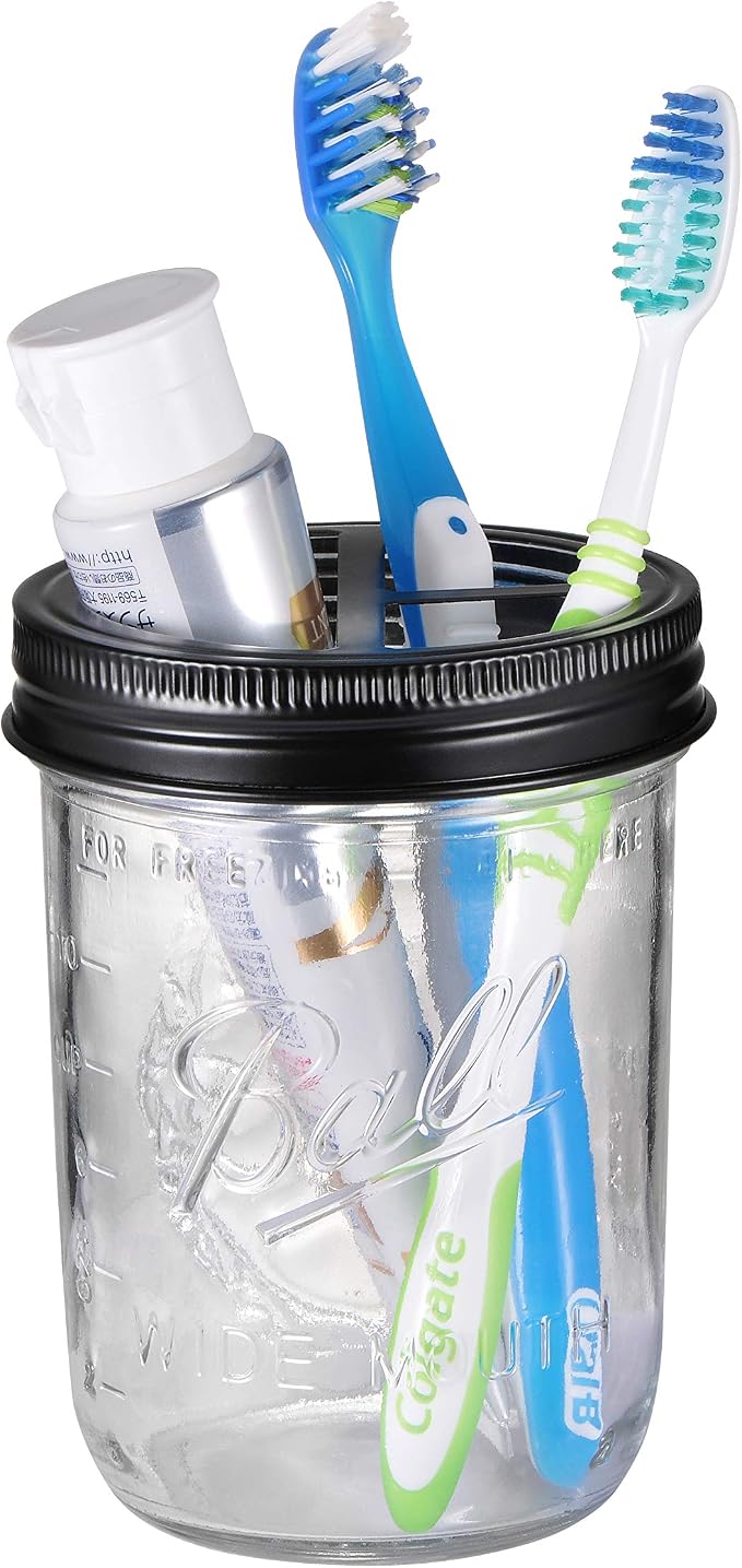 [Wide Mouth ONLY] SheeChung 2 Pack Mason Jar Toothbrush Holder Lid - Rustproof 304 Stainless Steel for Ball Mason Jar or Any Pint. Jar, Farmhouse Decor Bathroom Accessories Set - Black