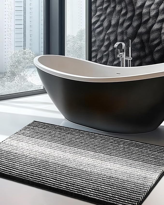 BSICPRO Large Chenille Bathroom Rugs, 24x43 Striped Bath Mats, Black | Non Slip Backing, Extra Soft Absorbent, Quick Dry Machine Washable, Shower Rug for Bathroom Floor, Tub, Bedroom Decor