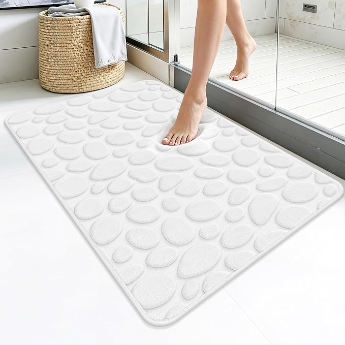 Stone Bath Mats, Non-Slip Memory Foam Bathroom Rug, 24x36 White | TPR Rubber Backing,Ultra Soft,Highly Absorbent,Machine Washable,Quick Dry for Tub and Shower, Home Decor Accessories
