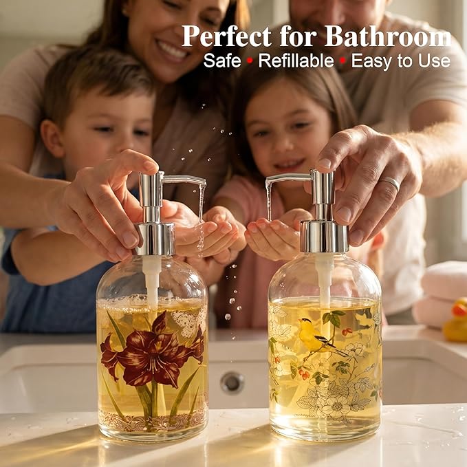 Topadorn Hand and Dish Soap Dispenser Set, 2 Pack 17oz Glass Soap Dispensers with Pump, Refillable Kitchen Soap Bottles, Vintage Floral & Goldfinch Bathroom Counter Decor