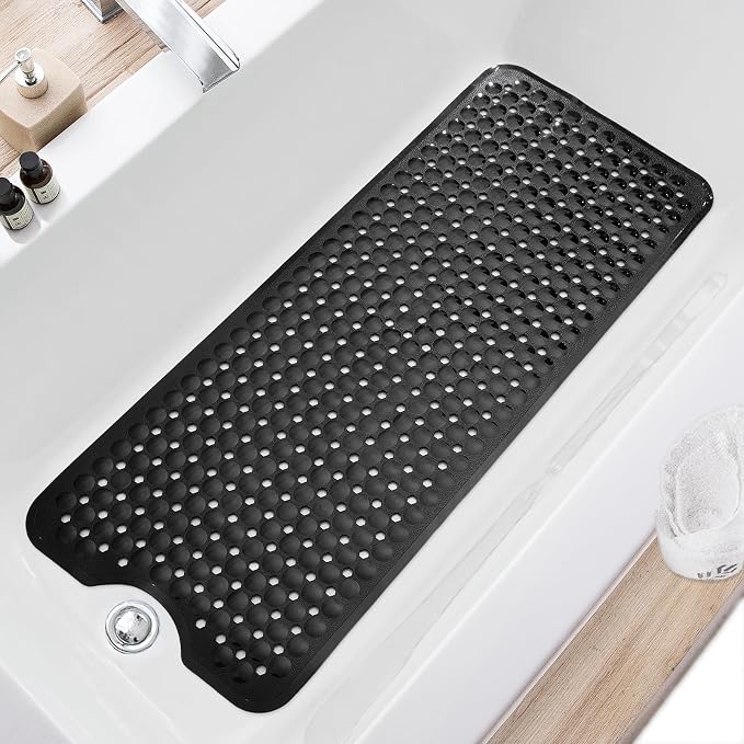 TEESHLY Bath Tub and Shower Mats, Non Slip 40 x 16 Inch Extra Long Bathtub Mat, Machine Washable Bathmat with Drain Holes, Suction Cups for Bathroom Floor, Black
