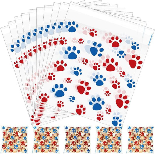 Pasimy 200 Pcs Paw Plastic Bags Pet Cellophane Bags Self-adhesive Clear Treat Pouches for Pet Dog Theme Party Supplies Decor(Patriotic Color)