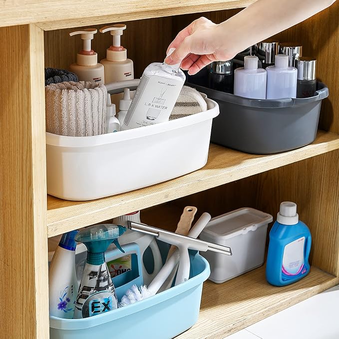Goderewild 2-Pack Multi-Purpose Plastic Cleaning Caddy with Handle, Shower Caddy Organizer - Storage Basket/Totes Portable for Bathroom Supplies, Cleaning Products, Under Sink Tool. (Gray)