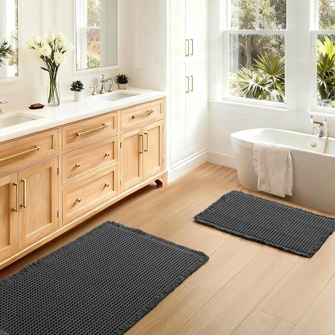 JIUZHEN Set of 2 Waffle Bath Mats Boho Bath Rugs 16"x24"+18"x30", Black | Non Slip, Super Absorbent, Washable, Ultra Soft, Fast Drying Waffle Bathroom Rugs for Bathroom Floor, Tub, Shower