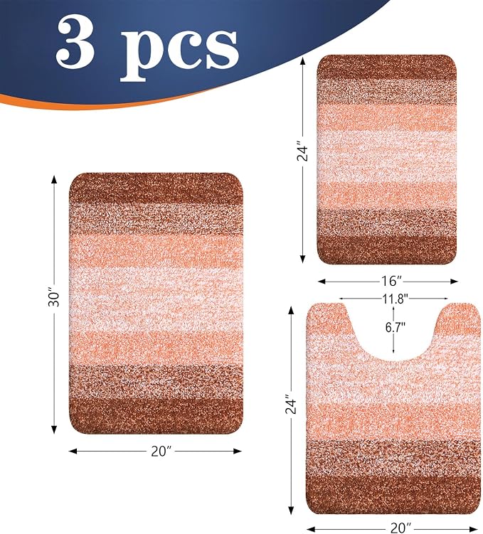 OLANLY Microfiber Bathroom Rugs Sets 3 Piece, 30"x20"+24"x16"+24"x20" | Orange, Soft Absorbent Bath Mats and U-Shaped Contour Toilet Rug, Machine Wash Dry, Plush Shaggy Bath Mat Set for Bathroom