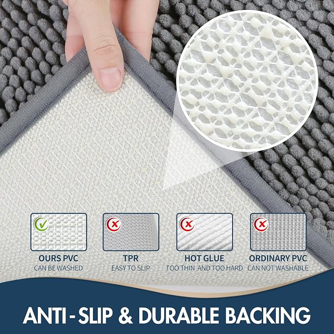 TREETONE Bathroom Rugs Sets, Thick Soft Absorbent 3 Piece Chenille Bath Rugs, Non-Slip, Dry Quickly, Machine Washable, Shaggy Mats with U-Shaped Toilet Rug for Bathroom Floor, Tub and Shower, Grey