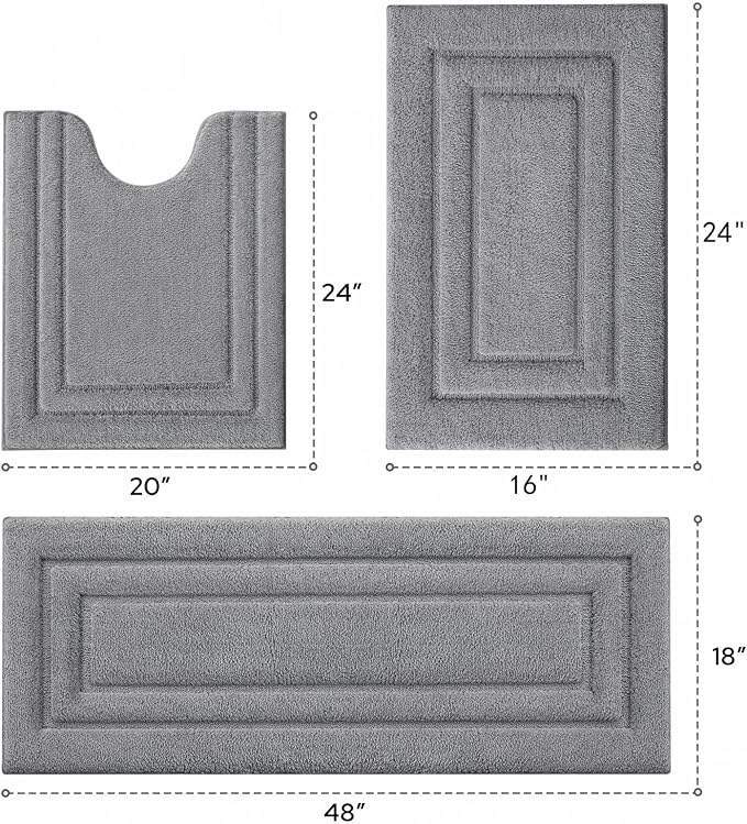 HOMEIDEAS Grey Bathroom Rugs Set of 3, Non Slip Bath Runners | Super Absorbent, Plush Microfiber, Machine Washable, Stain Resistant, Easy Care, Perfect for Modern Bathroom Decor