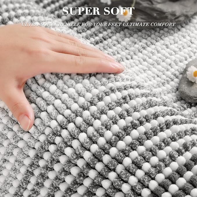 Bathroom Rugs Sets 2 Piece, Non Slip Striped Bath Mats, Gray | 24"x70" Plus 20"x32", Soft Absorbent Chenille, Quick Dry Machine Washable, Shower Rug for Bathroom Floor, Tub, Bedroom Decor