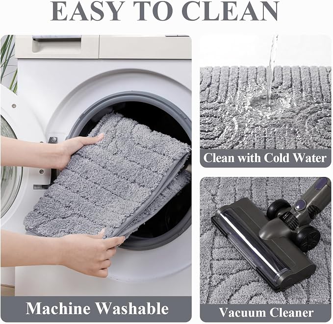 Vaukki Light Grey Bathroom Rugs Sets 3 Piece, 32x20+26x18+24x20 Inch | Washable Non Slip Soft Bath Mats for Shower and Tub, Plush Absorbent Microfiber Toilet Rug U Shaped
