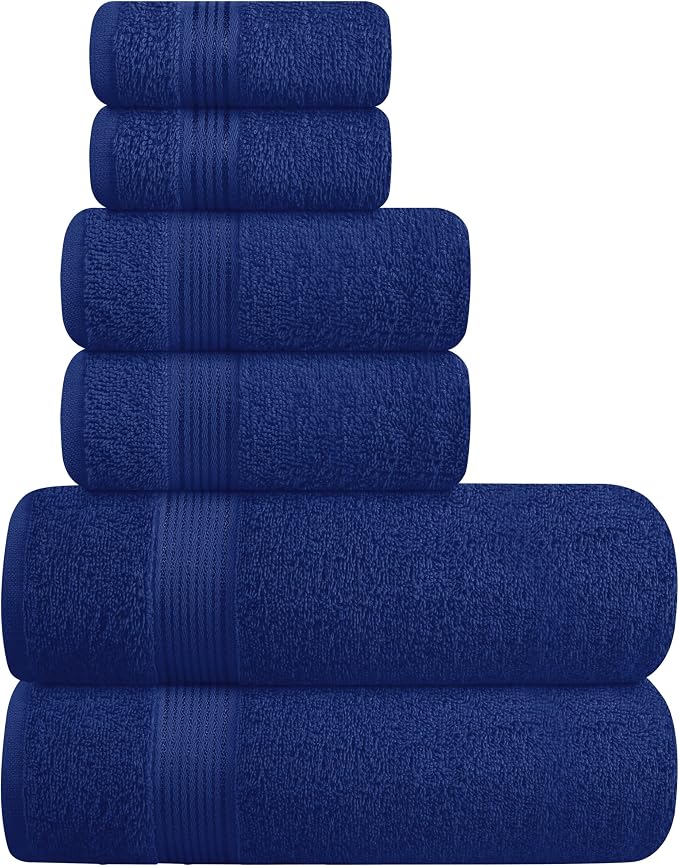 Ultra Soft 6 Pack Cotton Towel Set, Contains 2 Bath Towels 28x55 inch, 2 Hand Towels 16x24 inch & 2 Wash Coths 12x12 inch, Ideal Everyday use, Compact & Lightweight - Navy Blue
