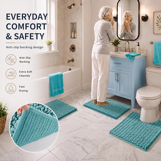 Yimobra Bathroom Rug Set 3 Piece, Super Absorbent Bath Mat Set, Teal Blue | Quick Dry Soft Chenille Bath Rugs & Toilet Rug, Non Slip Machine Washable, Extra Thick Shaggy Floor Mat for Shower Tub Sink