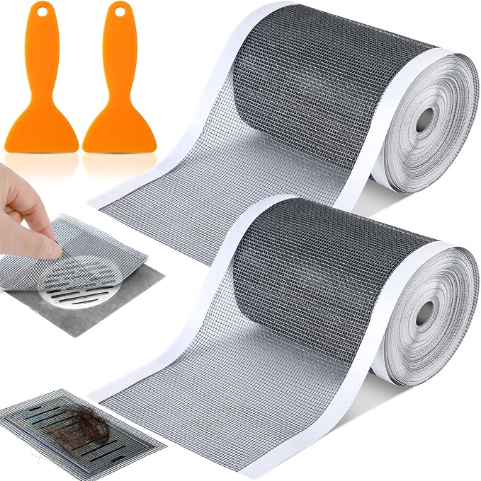 2 Pack Linear Shower Drain Hair Catcher Mesh Stickers Cutable | 4x33ft Disposable Adhesive Mesh Cover for Bathroom Kitchen Bathtub Floor Drains, DIY Install, Includes 2 Removal Tools