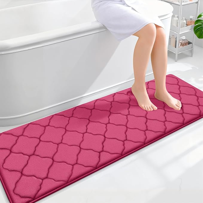 OLANLY Memory Foam Bath Mat Rug 59x20, Ultra Soft Bathroom Rugs, Deep Pink | Thick Absorbent Carpet, Non-Slip Backing, Machine Washable, for Bathroom Floor, Tub, Shower and Home Decor Accessories