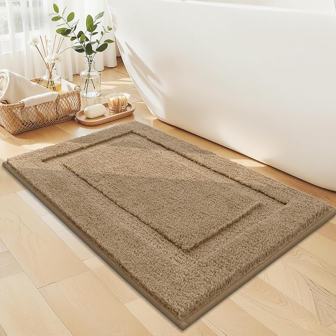 SHACOS Soft Microfiber Bathroom Rugs Set of 2 Pieces, Khaki Brown | 47x20 + 32x20, Absorbent Plush Bath Rugs, Non Slip Washable Shaggy Bath Mats, Fluffy Bathroom Runner Floor Mats Shower Rug