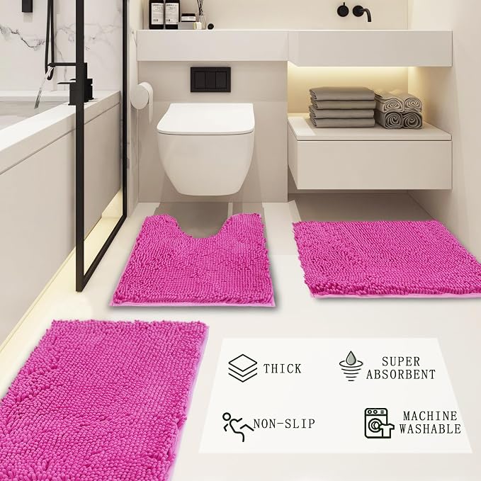 Bathroom Rugs Sets 3 Piece Non Slip,Bath Rugs with PVC Backing Bath Carpet,Bathroom Rug Washable,Absorbent,Plush Carpet Mats,Bath Mats for Bedroom, Kitchen,Tub,Home Decor(Rose red)