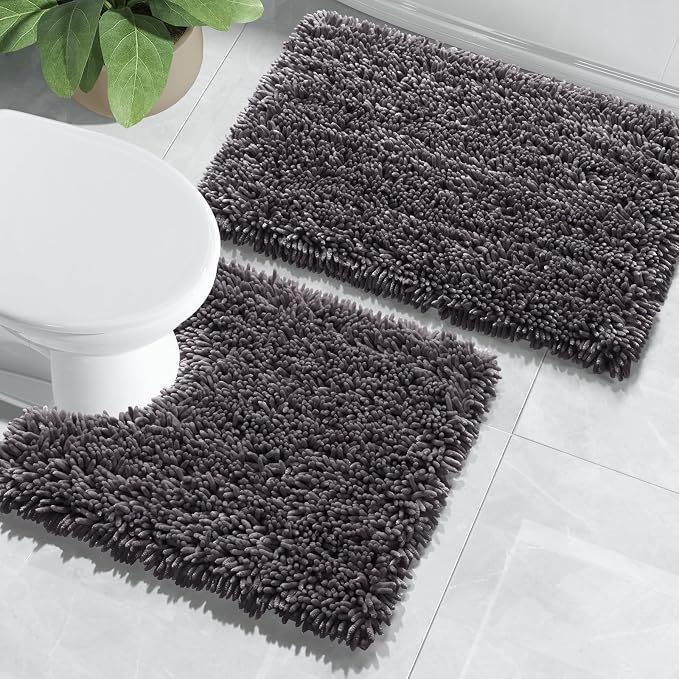 Yimobra Bathroom Rugs Sets 2 Piece, Soft Absorbent Bath Mat and U-Shaped Toilet Rug with Non Slip Backing, Luxury Shaggy Bath Mats for Bathroom, Machine Washable, 24"x17"+24"x20", Dark Grey
