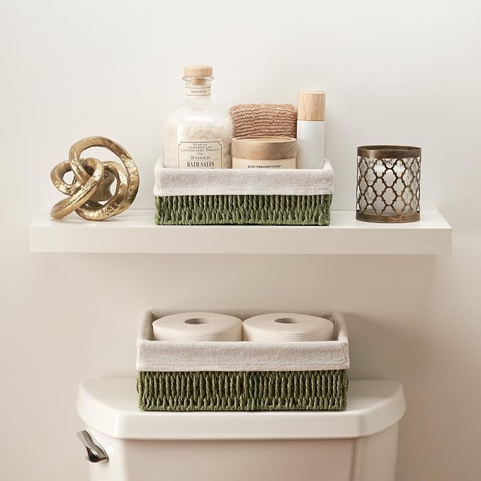 Beautiful Toilet Paper Storage Basket Set of 2 – Decorative Wicker Bathroom Organizer for Toilet Tank Trays - Quality Holder Bin for Shelves Fits Perfectly with Any Bathroom Decor