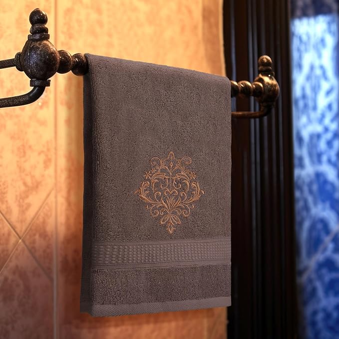 3 Pcs Vintage Brown Hand Towels Fancy Bathroom Decor | Embroidered Scroll Flower Design, 100% Cotton, Brown Bathroom Kitchen Decor, Absorbent Towels, Holiday Housewarming Gifts