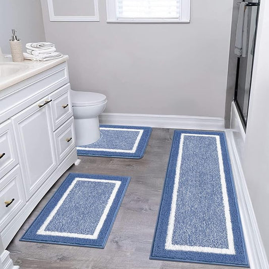 Pauwer Bathroom Rugs 3 Piece Set, Non Slip Washable Bath Mat, Blue | Soft Plush Microfiber, Super Absorbent Floor Carpet, U Shaped Toilet Mats, Quick Dry, Shaggy Shower Rugs Runners