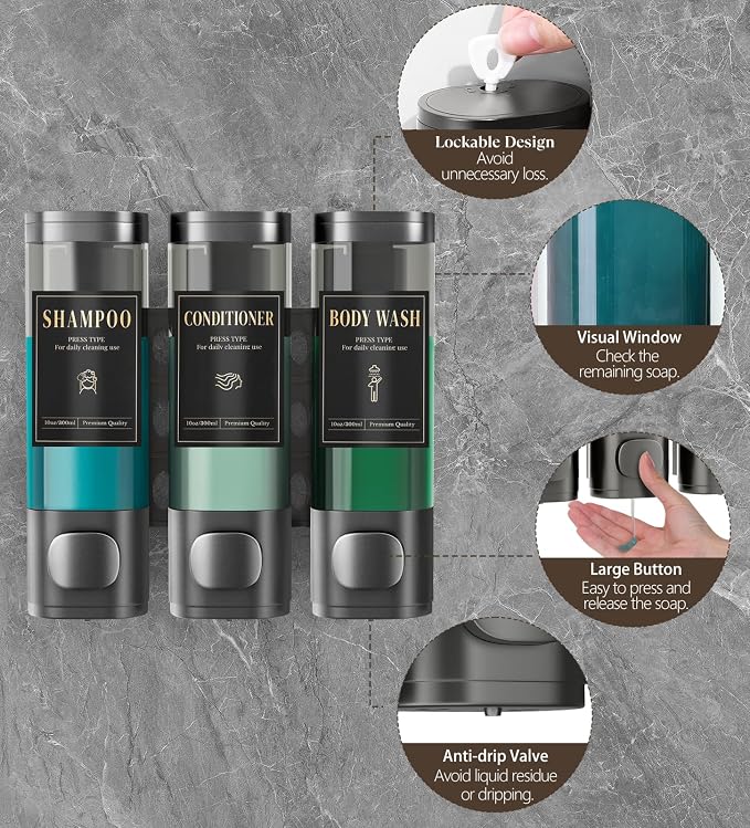 Luxspire Shampoo and Conditioner Dispenser, Shower Soap Dispenser 3-Chamber | Lockable Large Capacity 900ml No-Drill Wall-Mounted Shampoo and Body Wash Dispenser for Bathroom Hotel Kitchen Airbnb
