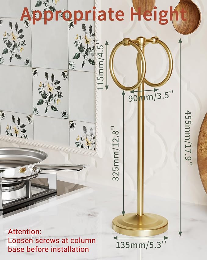 18" Hand Towel Holder Stand, Stainless Steel Free Standing Towel Rack Bar,Double Ring Towel Hanger with Weighted Base, Towel Hardware for Bathroom Vanity Kitchen Countertops(Brushed Gold)