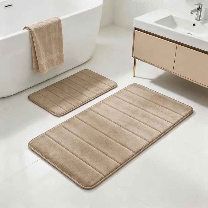 Beige Bathroom Rugs Set 2 Piece Memory Foam Bath Non-Slip Bath Mat,Washable Room Mats,Absorbent Shaggy Rugs Super Soft Kitchen Mats, Batroom Carpets for Bathroom,Tub,Shower Home Decor