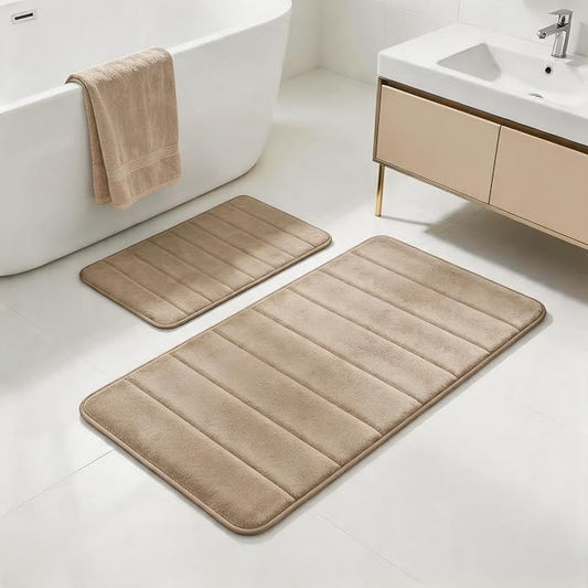 Beige Bathroom Rugs Set 2 Piece Memory Foam Bath Non-Slip Bath Mat,Washable Room Mats,Absorbent Shaggy Rugs Super Soft Kitchen Mats, Batroom Carpets for Bathroom,Tub,Shower Home Decor
