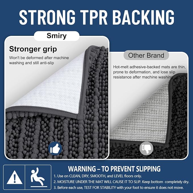 Smiry Bathroom Rugs 32X20, Extra Soft Rubber Backing Chenille Bath Mats | Dark Grey Machine Washable Non Slip Quick Dry Bath Mats for Bathroom Floor, Tub, Shower, Home Decor Accessories