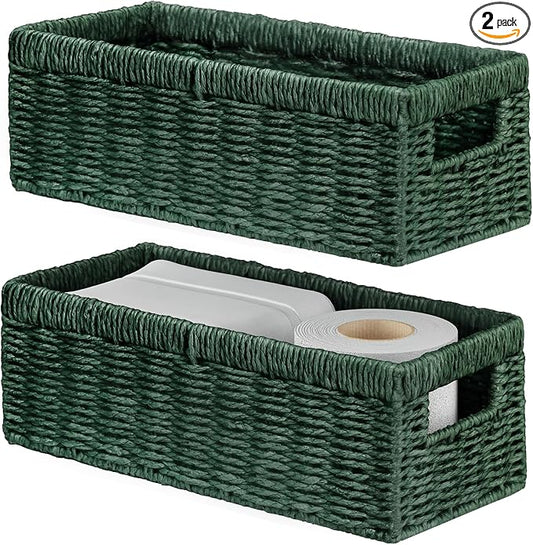 Vagusicc Wicker Storage Basket, Paper Rope Wicker Baskets with Handles, Toilet Paper Basket for Toilet Tank Top, Small Wicker Baskets for Organizing Shelves, 2-Pack, Green