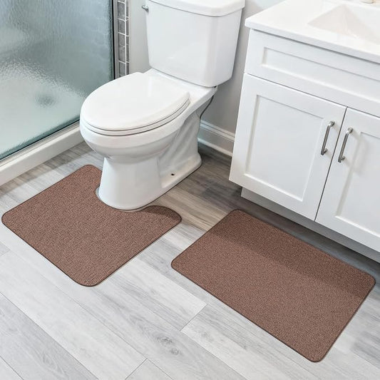 Bosap Bath Mat Set 2 Pieces,Ultra Thin Bathroom Rugs,Rubber Toilet Rugs | Non Slip,Quick Dry,Machine Washable,Low Pile,Absorbent,Shower,Sink,Bathroom Decor.(Brown,17"x27" Plus 20"x24"U Shaped)