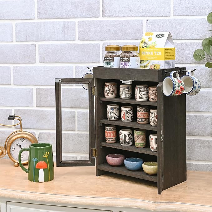 Ikee Design Small Wooden Countertop Storage Cabinet with Adjustable Shelves and Removable Hooks, Perfect for Perfume, Pantry, Essential Oil, 10.4W x 6.1D x 14.4H in, Dark Brown