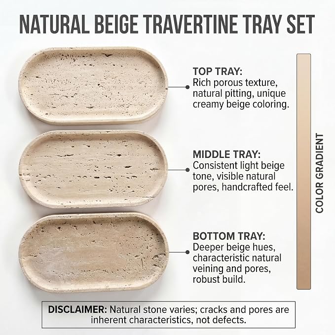 YKAJO Yellow Travertine Oval Marble Tray, 9.8x4.7 Vanity Perfume Organizer | Honed natural stone; jewelry & trinket dish, ring & key holder, soap & candle catchall; bath counter, dresser, coffee table
