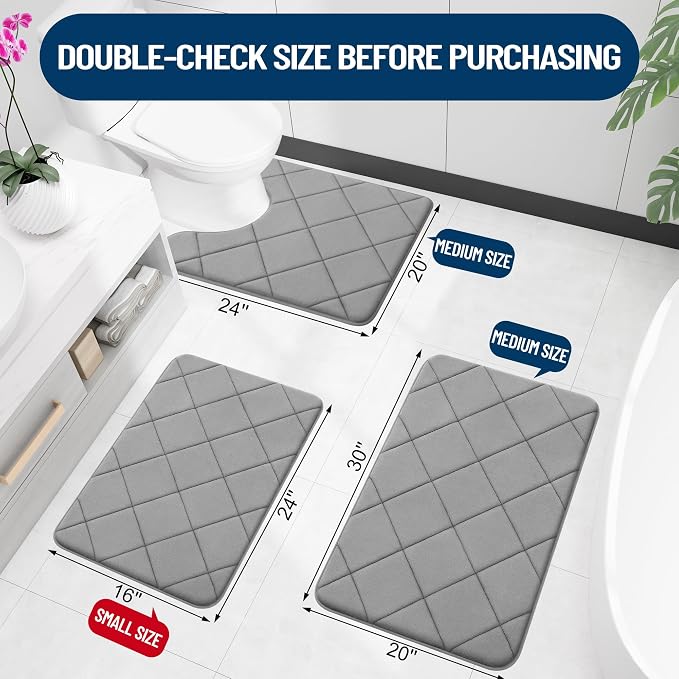 OLANLY Memory Foam Bath Mat 30x20, Ultra Soft and Absorbent Bathroom Rugs, Machine Washable, Comfortable Bath Carpet for Bathroom Floor, Tub and Shower, Grey | Grey, Quick Dry, Machine Washable Shower Bath Rugs, Comfortable Bath Carpet for Bathroom Flo...