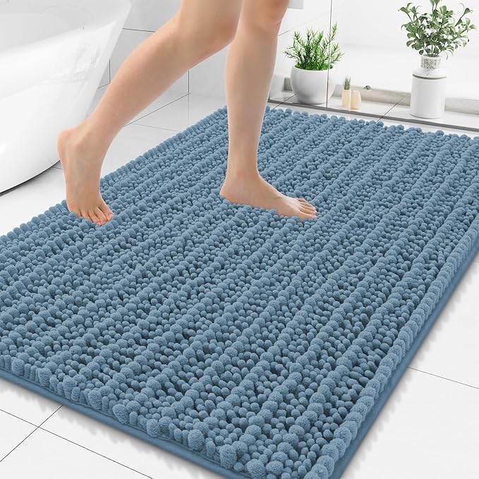 Smiry Bathroom Rugs 48X32, Extra Soft Rubber Backing Chenille Bath Mats | Grayish Blue Machine Washable Non Slip Quick Dry Bath Mats for Bathroom Floor, Tub, Shower, Home Decor Accessories