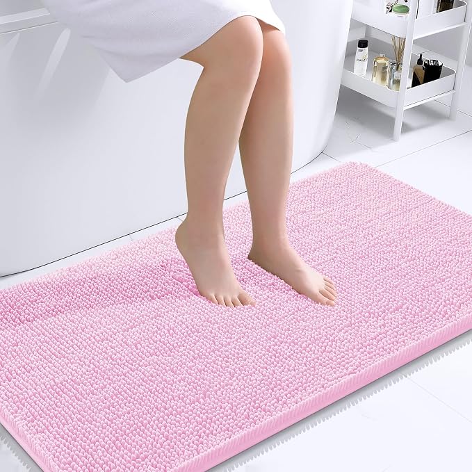 OLANLY Bathroom Runner Rugs 40x24, Extra Soft Absorbent Chenille Bath Rugs | Pink, Quick-Drying Rubber Backing, Machine Washable Long Bath Mat for Bathroom Floor, Tub and Shower, Home Decor Accessories