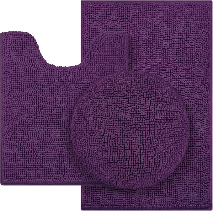 HOMEIDEAS 3 Pieces Dark Purple Bathroom Rugs Set, Ultra Soft Non Slip Bath Rug and Absorbent Chenille Bath Mat, Includes U-Shaped Contour Rug, Bath Mat and Toilet Lid Cover, Perfect for Bathroom Floor