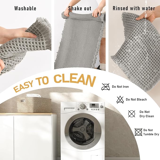 JIUZHEN Set of 2 Waffle Bathroom Rugs Boho Bath Mats 16"x24"+24"x36", Grey | Non Slip, Super Absorbent, Washable, Ultra Soft, Fast Drying Waffle Bathroom Rugs for Bathroom Floor, Tub, Shower