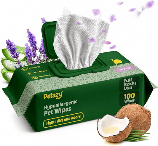 Pet Wipes for Dogs & Cats - Paws, Ears & Butt Cleaning, 100 Count | Lavender, Hypoallergenic for Sensitive Skin, XL, Extra Thick, Tear-Resistant, Deodorizing, Aloe & Coconut Oil, Travel Size
