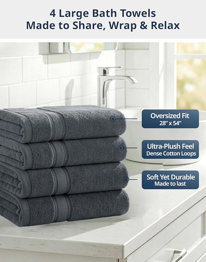 LANE LINEN Bath Towel Set 100% Cotton 4 Piece Soft Absorbent - Cool Grey | Shower Towels - Generously Sized, Oversized & Roomy, Lightweight & Breathable, Fade-Resistant Color, Classic Terry Weave