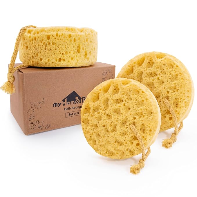 myHomeBody Bath Sponge, Foam Loofah, Shower Sponge for Body, Round, 3 Pack | Large Size, Lots of Lather, Bath Sponges for Shower, Body Scrubber for Bathing, Body Wash Women, Exfoliating Loofah Sponge