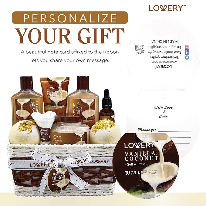 Gifts For Women Gift Basket for Women– 9 Piece Set of Vanilla Coconut Home Spa Set, Luxurious Gifts for Her, Bath and Body Sets Includes Fragrant Lotions, Large Bath Bombs, Coconut Oil